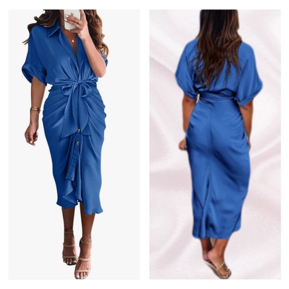 Blue Short Sleeve Belted Ruched Midi Shirt Dress - Picture 2 of 2